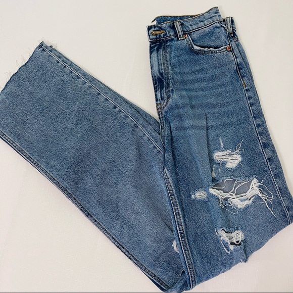 Zara Denim - ZARA jeans distressed denim mom jeans high waisted jeans loose leg raw edge 6